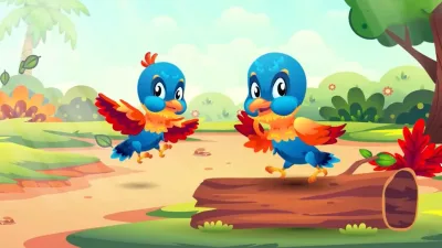 Dua burung berwarna biru dan oranye bermain ceria di taman hijau yang penuh pepohonan dan bunga berwarna-warni.