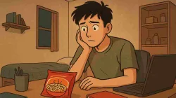 Anak kos duduk di kamar sederhana sambil menatap mie instan di meja dengan ekspresi bingung namun lucu.