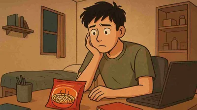 Anak kos duduk di kamar sederhana sambil menatap mie instan di meja dengan ekspresi bingung namun lucu.