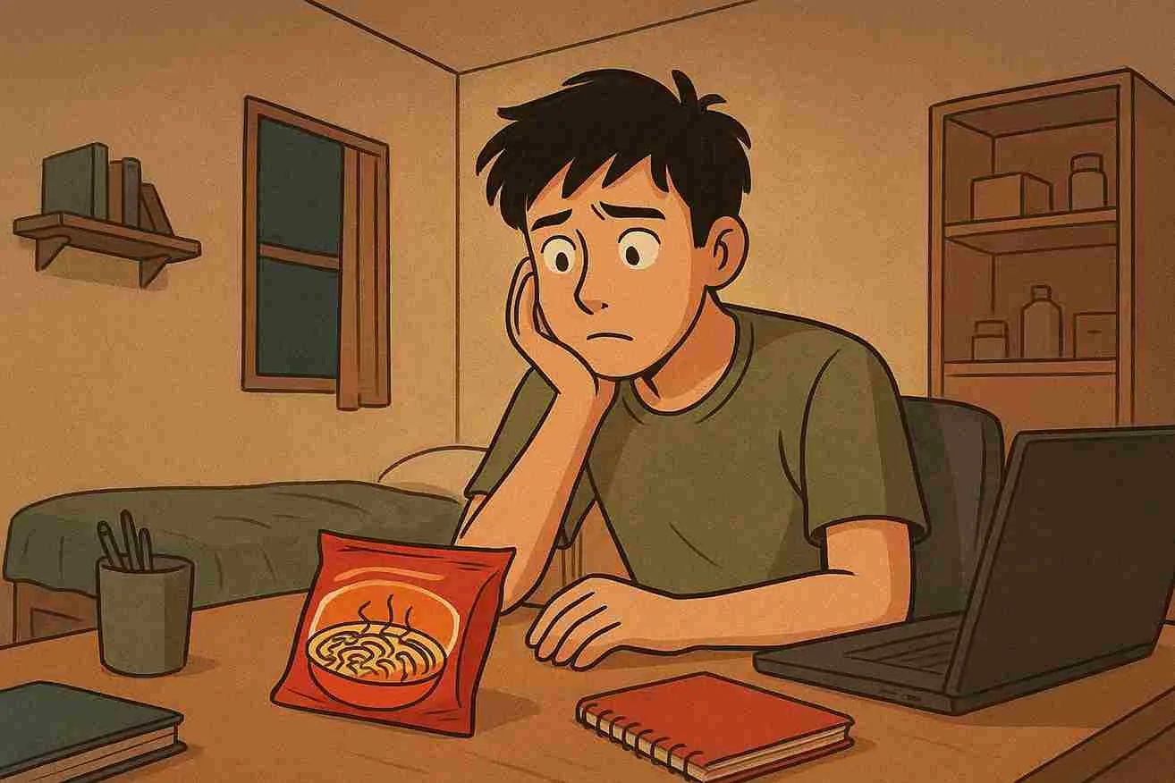 Anak kos duduk di kamar sederhana sambil menatap mie instan di meja dengan ekspresi bingung namun lucu.