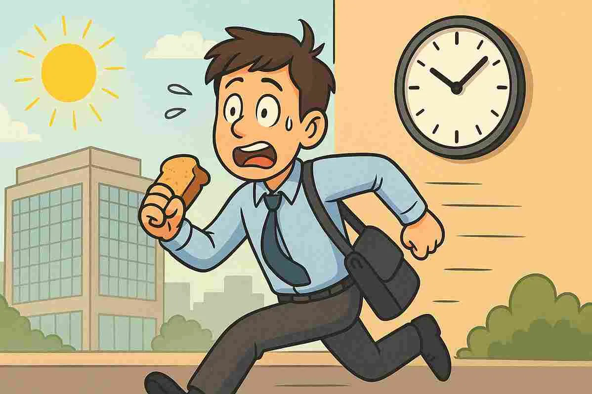 Pegawai kantor berlari terburu-buru karena telat masuk kerja dengan ekspresi lucu di pagi hari.