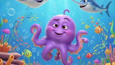 Ilustrasi gaya Cocomelon seekor gurita ungu sombong bersama ikan pari, ikan todak, dan bulu babi di laut ceria penuh terumbu karang.