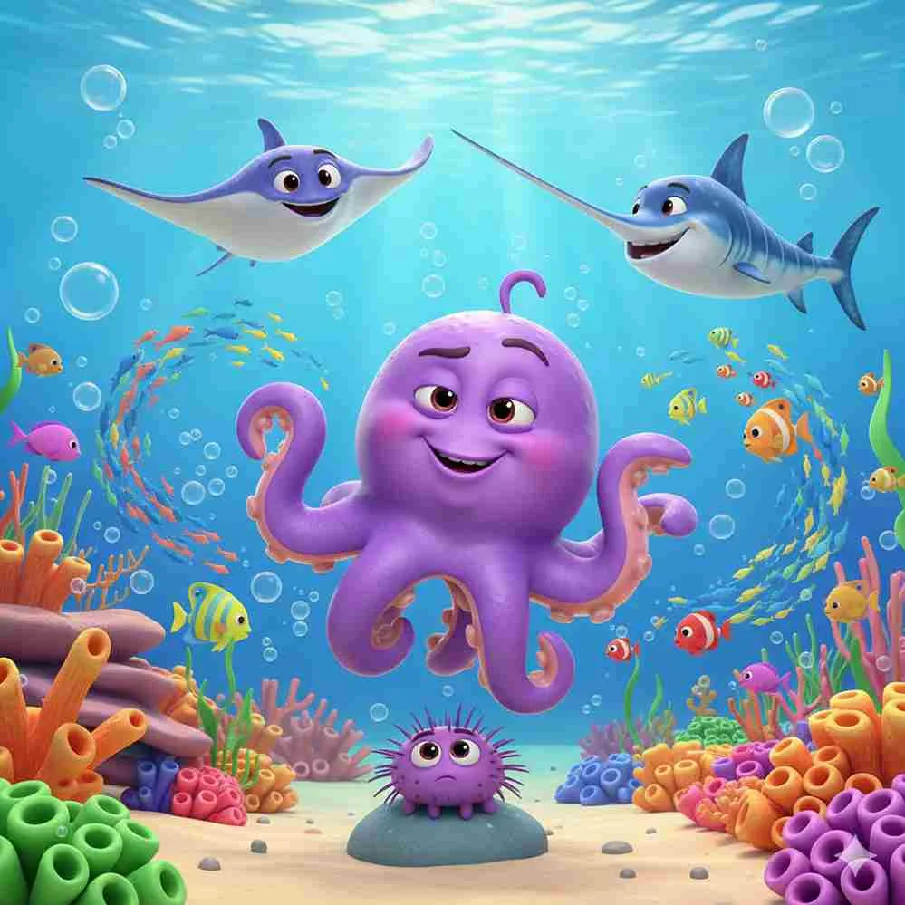 Ilustrasi gaya Cocomelon seekor gurita ungu sombong bersama ikan pari, ikan todak, dan bulu babi di laut ceria penuh terumbu karang.