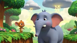 Ilustrasi dongeng anak bergaya Cocomelon, kancil kecil dan gajah besar berdiri di hutan cerah dengan langit mendung dan petir menyambar.