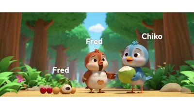 Ilustrasi gaya Cocomelon dua burung kecil bernama Fred dan Chiko di hutan, Fred perutnya buncit karena terlalu banyak makan buah, Chiko membawa kelapa.