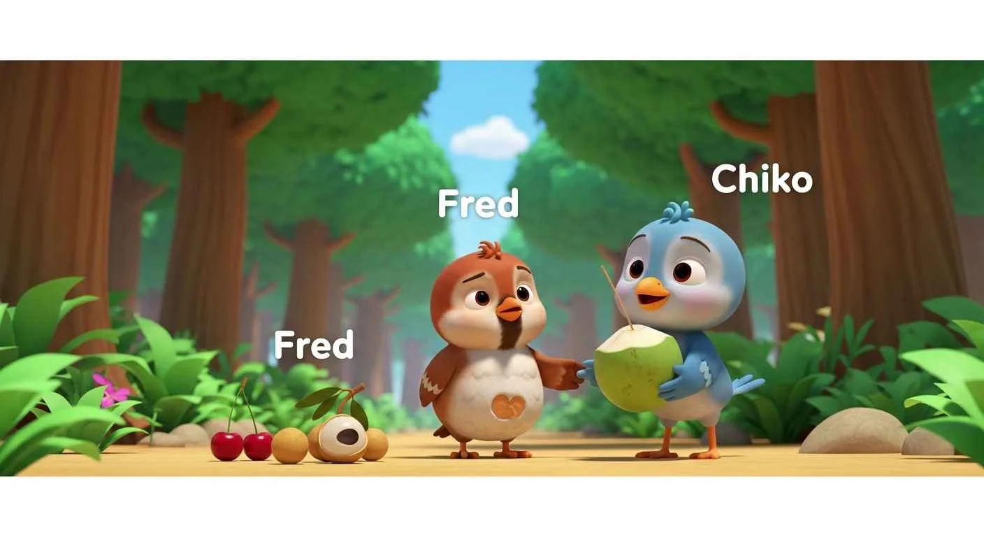 Ilustrasi gaya Cocomelon dua burung kecil bernama Fred dan Chiko di hutan, Fred perutnya buncit karena terlalu banyak makan buah, Chiko membawa kelapa.