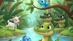 Ilustrasi dongeng anak tentang buaya kecil yang baik hati bersama kambing, ikan, dan burung di tepi sungai hutan.