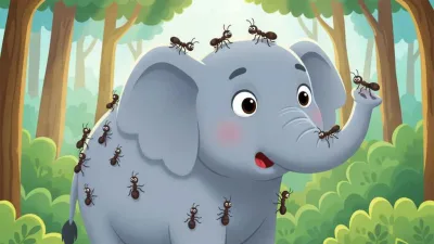Ilustrasi kartun gaya Cocomelon, gajah besar digelitik semut kecil di belalainya di tengah hutan hijau cerah.