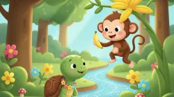 Ilustrasi kartun monyet dan kura-kura di hutan cerah penuh bunga, gaya Cocomelon.