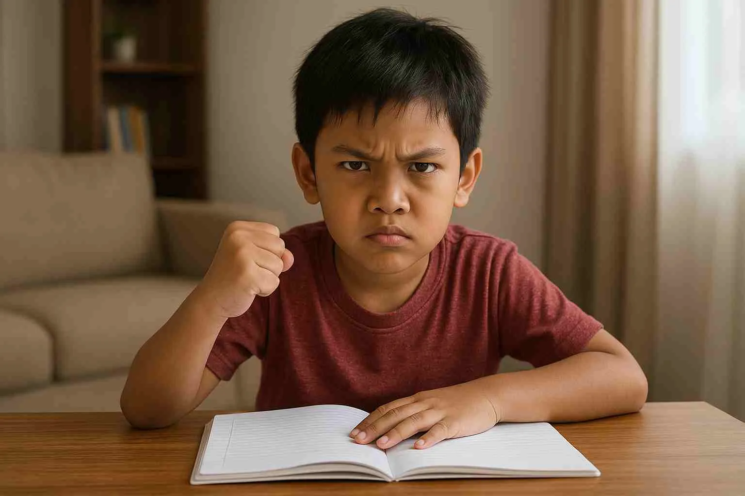 Anak laki-laki Indonesia dengan ekspresi tegas saat belajar, mencerminkan watak koleris yang percaya diri dan berjiwa pemimpin.