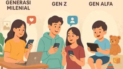 Ilustrasi tiga generasi — milenial, Gen Z, dan Gen Alfa — sedang berinteraksi dengan teknologi digital seperti laptop, smartphone, dan tablet dalam suasana hangat.