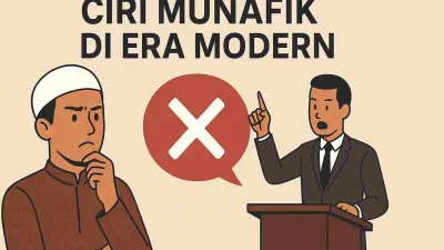 Ilustrasi seorang Muslim merenung di depan orang yang berdebat di podium dengan simbol silang besar, menggambarkan ciri munafik di era modern.
