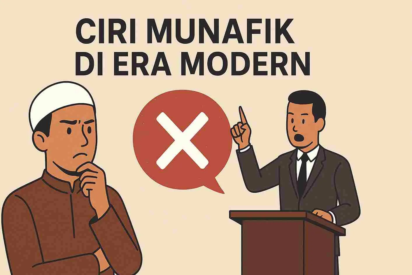 Ilustrasi seorang Muslim merenung di depan orang yang berdebat di podium dengan simbol silang besar, menggambarkan ciri munafik di era modern.