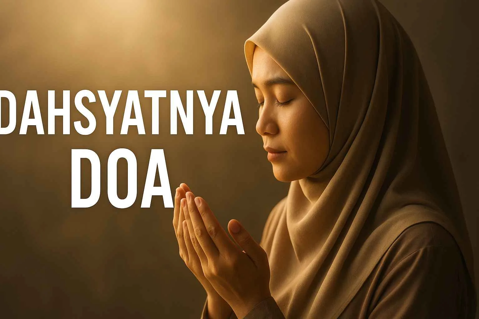 Seorang wanita Muslim mengenakan hijab berwarna krem sedang berdoa dengan khusyuk di bawah pencahayaan hangat, dengan tulisan “Dahsyatnya Doa” di sebelah kiri.