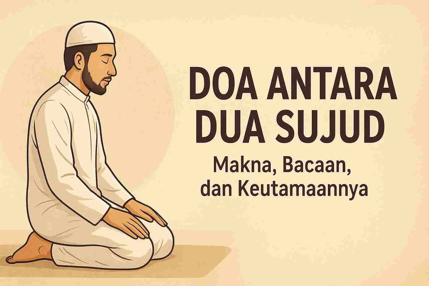 Ilustrasi seorang muslim sedang duduk di antara dua sujud dalam shalat, mengenakan pakaian putih, dengan tulisan “Doa Antara Dua Sujud: Makna, Bacaan, dan Keutamaannya” di sampingnya.