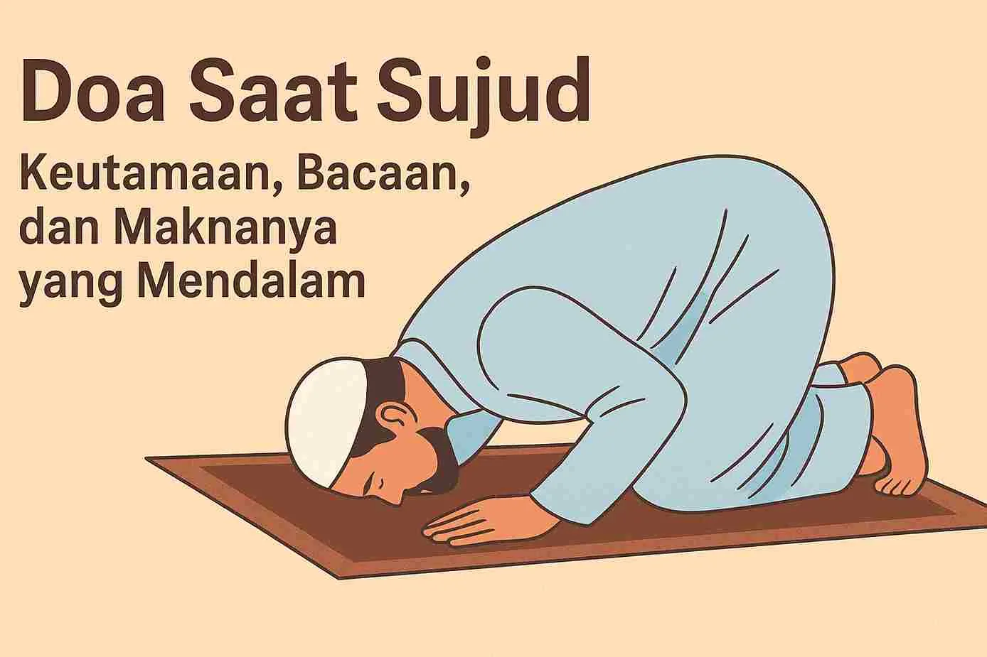 Ilustrasi seorang Muslim sedang sujud di atas sajadah dengan latar sederhana dan tulisan “Doa Saat Sujud: Keutamaan, Bacaan, dan Maknanya yang Mendalam.”