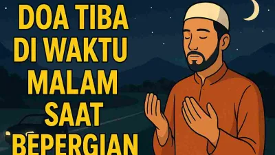 Ilustrasi seorang Muslim berdoa di malam hari saat bepergian dengan latar jalan dan bulan sabit.