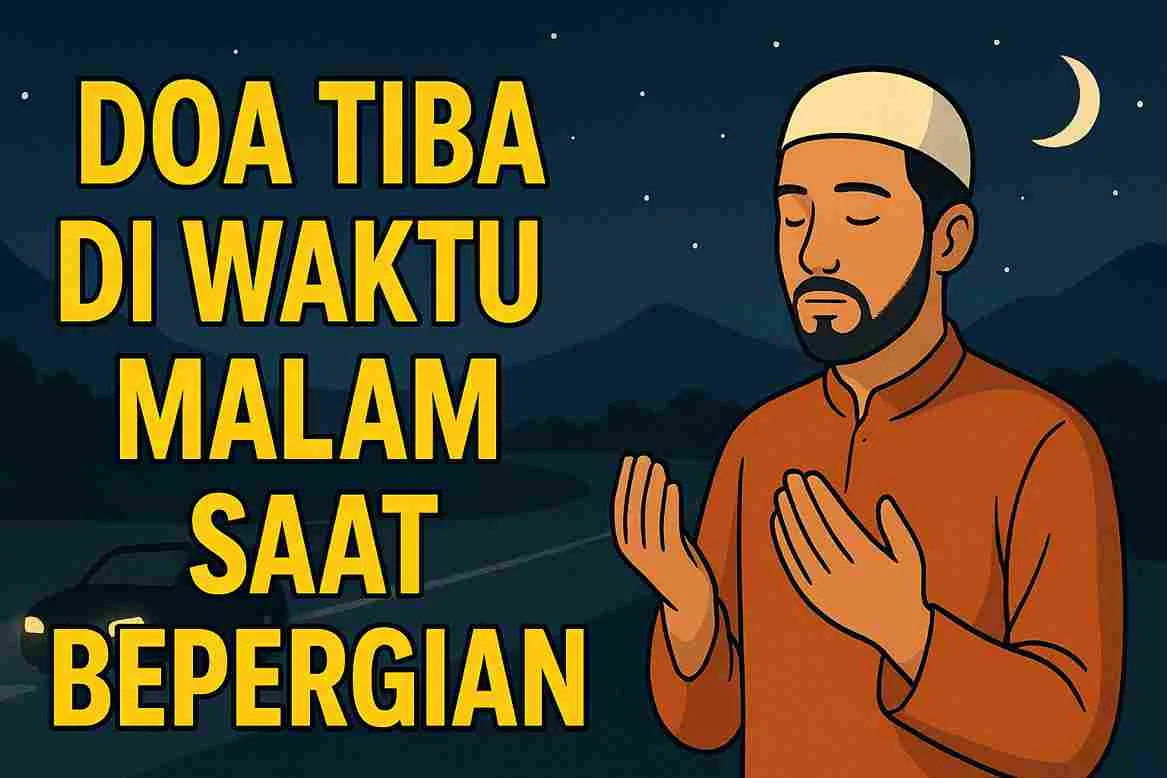 Ilustrasi seorang Muslim berdoa di malam hari saat bepergian dengan latar jalan dan bulan sabit.