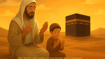 Ilustrasi Nabi Ibrahim dan anaknya Ismail berdoa di padang pasir dengan latar Ka’bah dan langit senja.