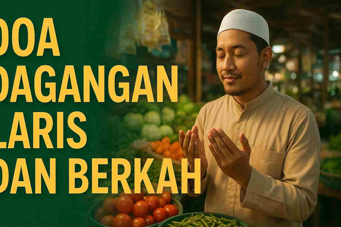 Pedagang muslim di pasar tradisional sedang berdoa di depan dagangannya dengan tulisan “Doa Dagangan Laris dan Berkah” di latar hijau.