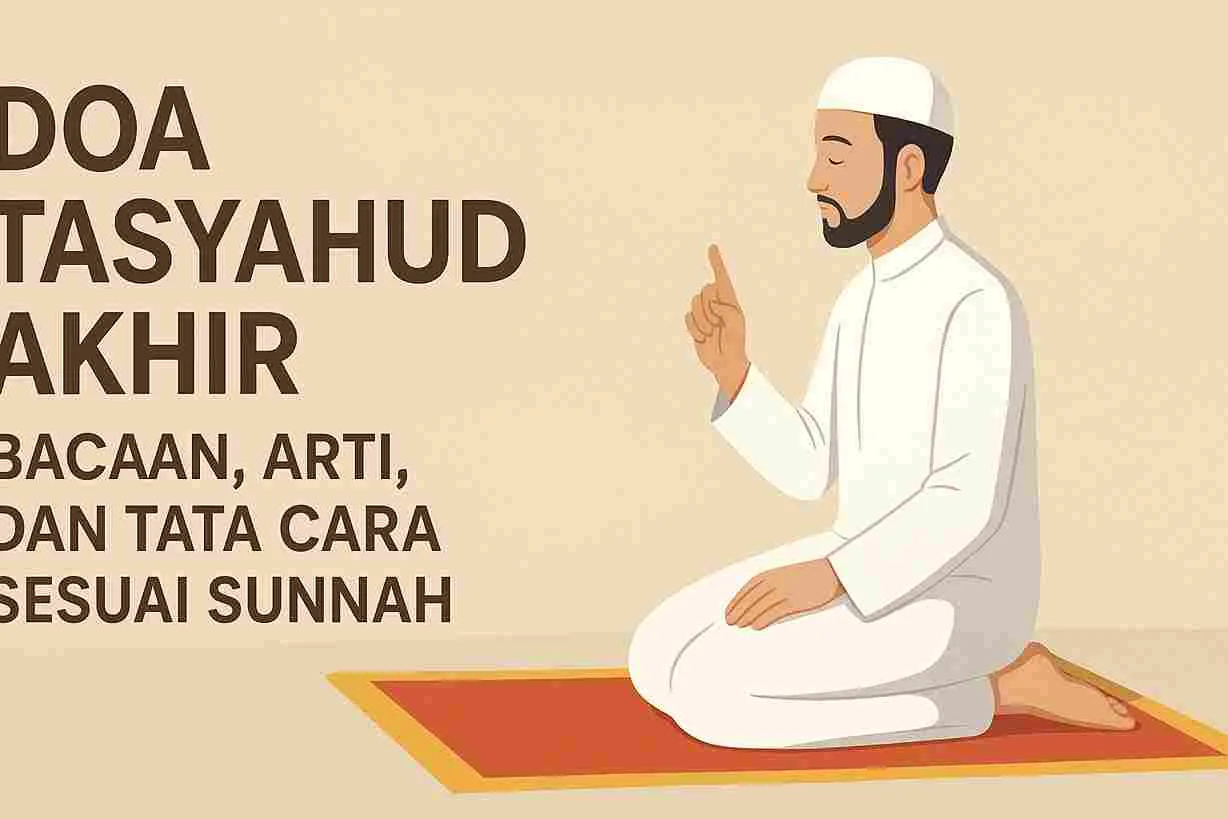 Ilustrasi seorang pria Muslim sedang duduk tasyahud akhir di atas sajadah, mengenakan pakaian putih dan kopiah, dengan jari telunjuk diangkat saat berdoa.