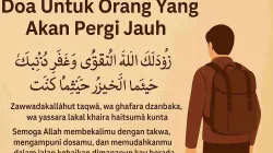 Ilustrasi doa untuk orang yang akan pergi jauh dengan tulisan Arab, Latin, dan artinya disertai gambar seorang pria membawa ransel.