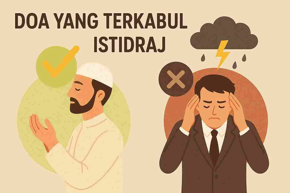 Ilustrasi doa yang terkabul sebagai nikmat sejati dibandingkan dengan istidraj sebagai ujian, digambarkan dengan sosok muslim berdoa dan sosok pria gelisah.