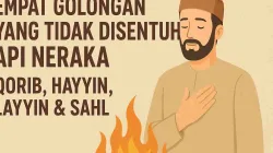 Ilustrasi muslim pria berwajah tenang dengan tangan di dada, berdiri di atas latar lembut bertuliskan “Empat Golongan yang Tidak Disentuh Api Neraka: Qorib, Hayyin, Layyin & Sahl”.