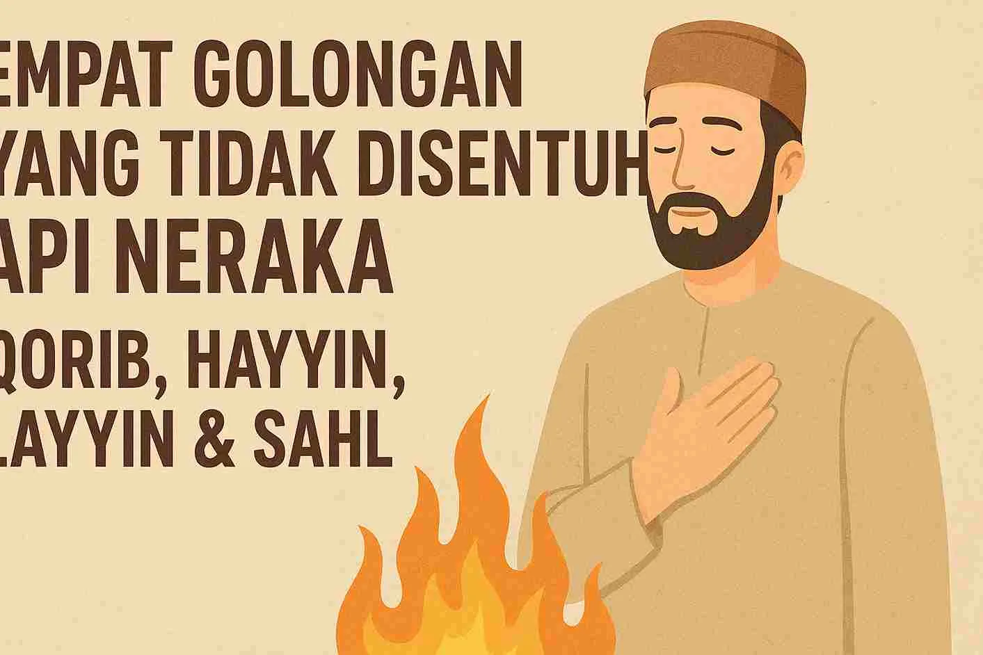 Ilustrasi muslim pria berwajah tenang dengan tangan di dada, berdiri di atas latar lembut bertuliskan “Empat Golongan yang Tidak Disentuh Api Neraka: Qorib, Hayyin, Layyin & Sahl”.
