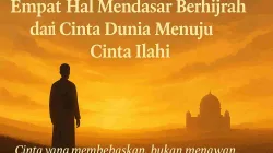 Ilustrasi seorang pria berhijrah dari gelap menuju cahaya Ilahi saat fajar, dengan latar masjid dan langit keemasan, simbol perjalanan spiritual menuju cinta Allah.