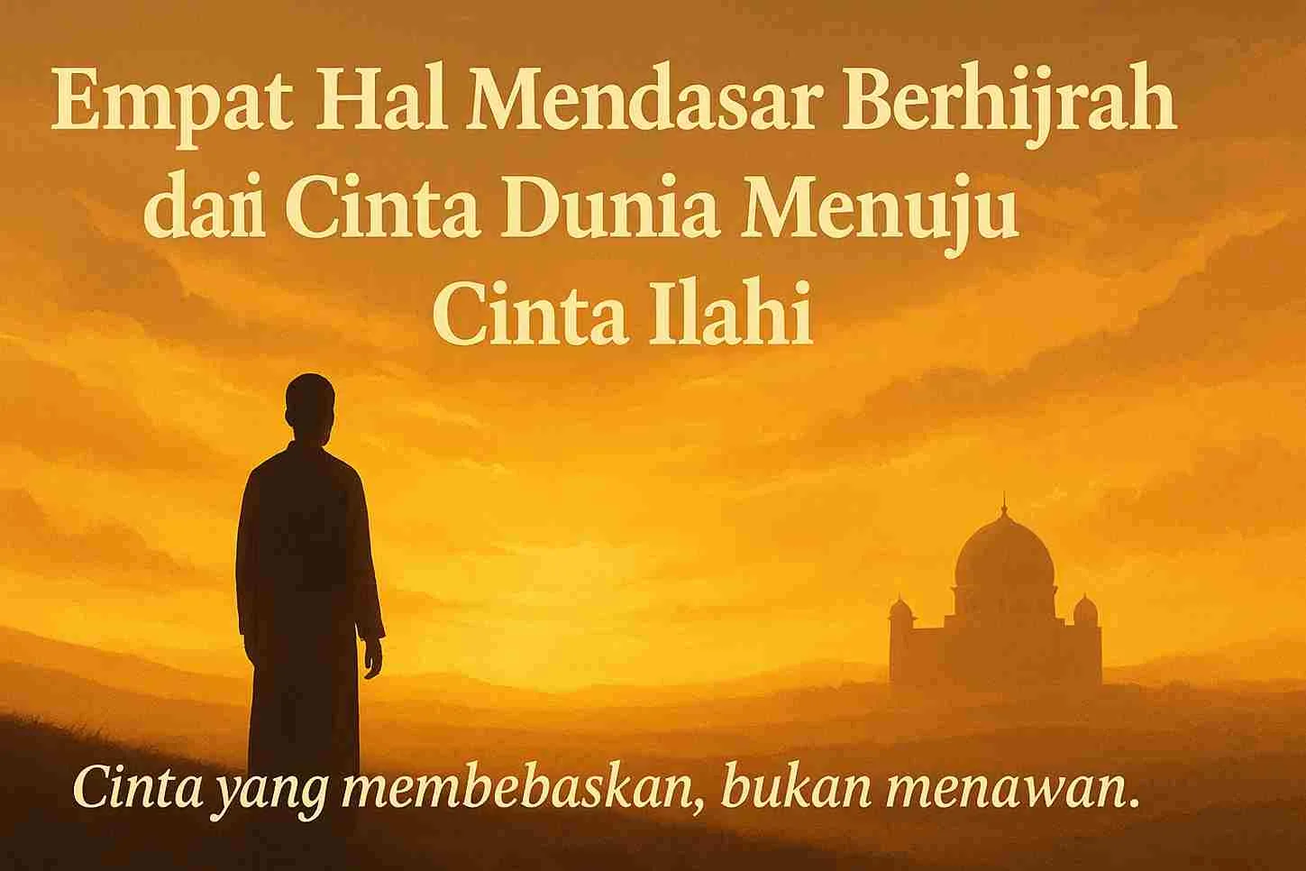 Ilustrasi seorang pria berhijrah dari gelap menuju cahaya Ilahi saat fajar, dengan latar masjid dan langit keemasan, simbol perjalanan spiritual menuju cinta Allah.