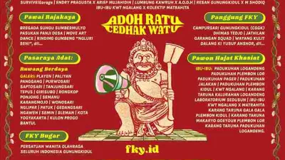 Poster Festival Kebudayaan Yogyakarta 2025 di Gunungkidul dengan tema Adoh Ratu Cedhak Watu menampilkan informasi kegiatan seni, budaya, dan tradisi masyarakat Jawa.