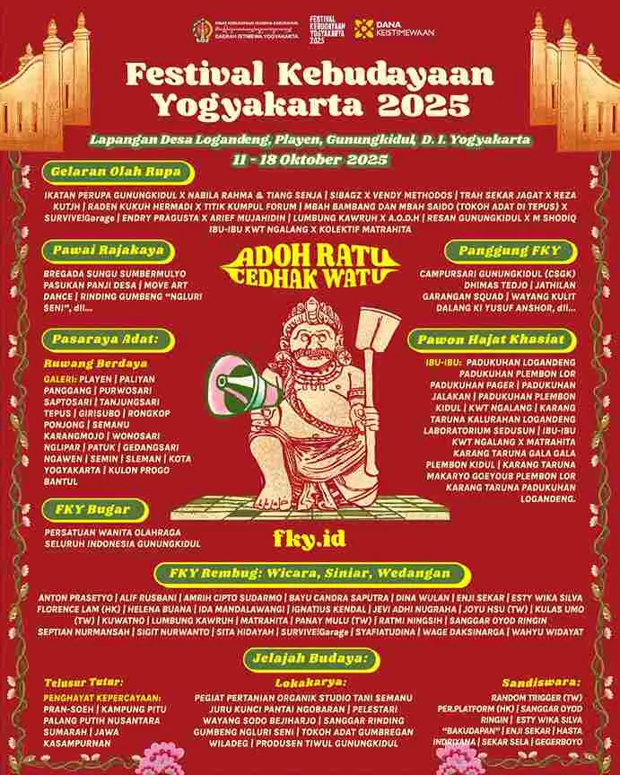 Poster Festival Kebudayaan Yogyakarta 2025 di Gunungkidul dengan tema Adoh Ratu Cedhak Watu menampilkan informasi kegiatan seni, budaya, dan tradisi masyarakat Jawa.