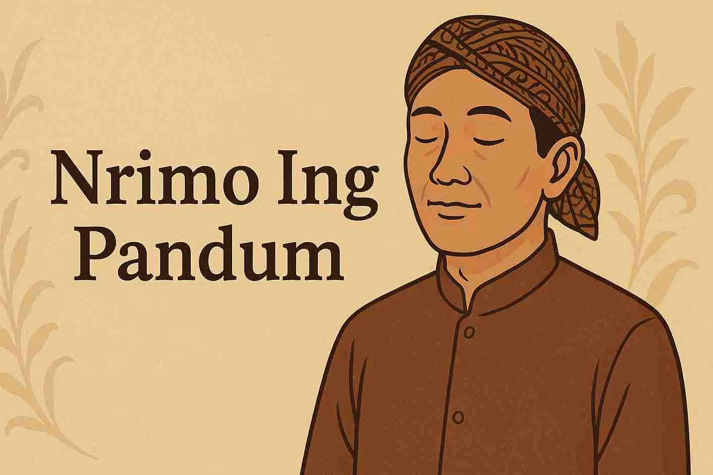Ilustrasi pria Jawa mengenakan blangkon dan beskap dengan ekspresi tenang, menggambarkan filosofi “Nrimo Ing Pandum” yang bermakna ikhlas dan bersyukur.