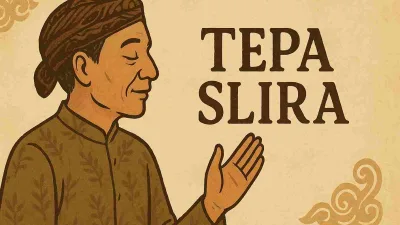 Ilustrasi pria Jawa mengenakan blangkon dan baju batik dengan tangan terangkat, melambangkan sikap sopan dan empati dalam filosofi Tepa Slira.