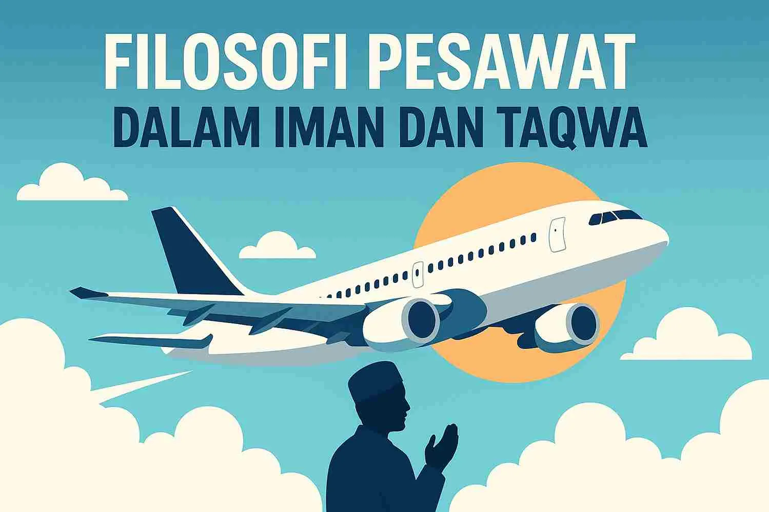 Ilustrasi pesawat terbang di langit dengan siluet seorang pria berdoa, menggambarkan filosofi iman dan takwa.