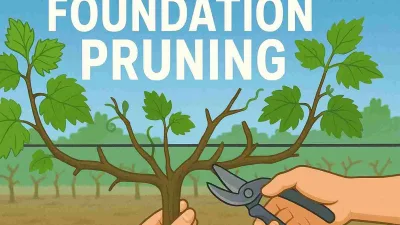 Ilustrasi pemangkasan dasar atau foundation pruning pada tanaman anggur oleh petani dengan gunting kebun di kebun anggur hijau di bawah langit cerah.