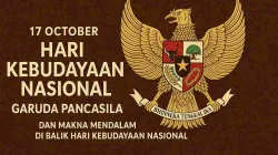 Ilustrasi Garuda Pancasila berwarna emas di atas latar merah putih dengan nuansa budaya Indonesia untuk memperingati Hari Kebudayaan Nasional 17 Oktober.
