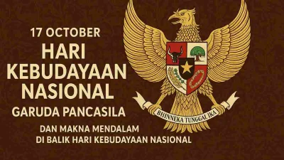 Ilustrasi Garuda Pancasila berwarna emas di atas latar merah putih dengan nuansa budaya Indonesia untuk memperingati Hari Kebudayaan Nasional 17 Oktober.