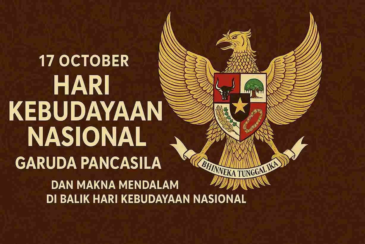 Ilustrasi Garuda Pancasila berwarna emas di atas latar merah putih dengan nuansa budaya Indonesia untuk memperingati Hari Kebudayaan Nasional 17 Oktober.