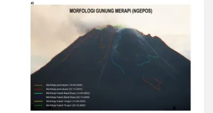 Citra morfologi Gunung Merapi dari Pos Pengamatan Ngepos menunjukkan perubahan kubah lava di puncak dengan garis berwarna yang menandai aktivitas vulkanik terbaru.