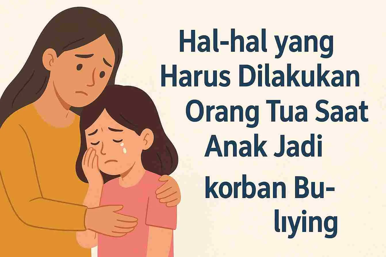 Ilustrasi seorang ibu memeluk anak perempuannya yang menangis karena menjadi korban bullying, dengan tulisan “Hal-hal yang Harus Dilakukan Orang Tua Saat Anak Jadi Korban Bullying” di sampingnya.