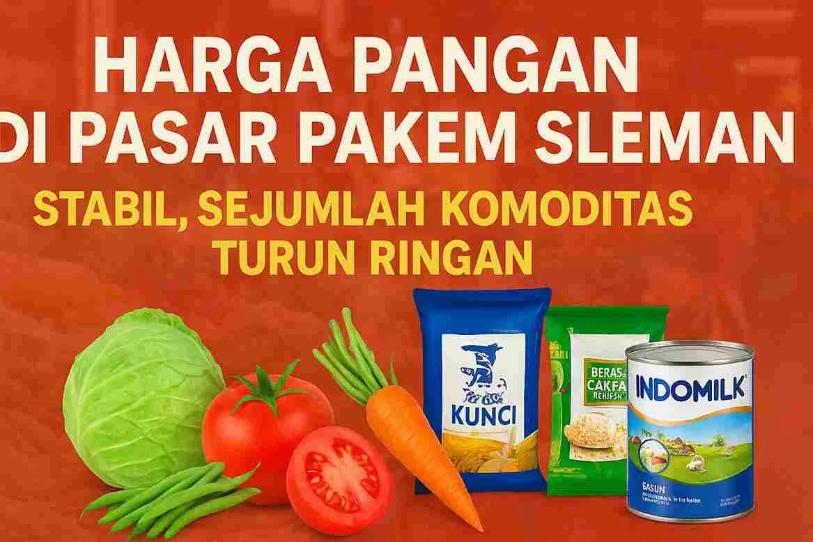 Ilustrasi harga pangan di Pasar Pakem Sleman menampilkan sayuran segar seperti kol, tomat, wortel, dan kacang panjang bersama produk kebutuhan pokok seperti beras, tepung, dan susu dengan latar pasar tradisional.