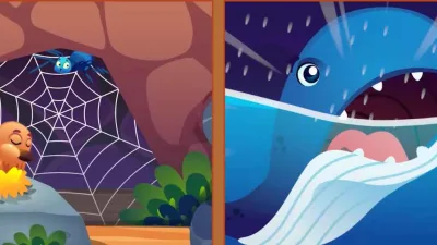 Ilustrasi kartun islami menampilkan laba-laba menenun jaring di gua dan ikan besar di laut sebagai simbol kisah Nabi Muhammad SAW dan Nabi Yunus AS.