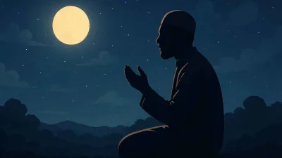 Seorang muslim duduk berdoa di bawah sinar bulan purnama, menggambarkan renungan dan kedekatan dengan Allah di malam yang tenang.