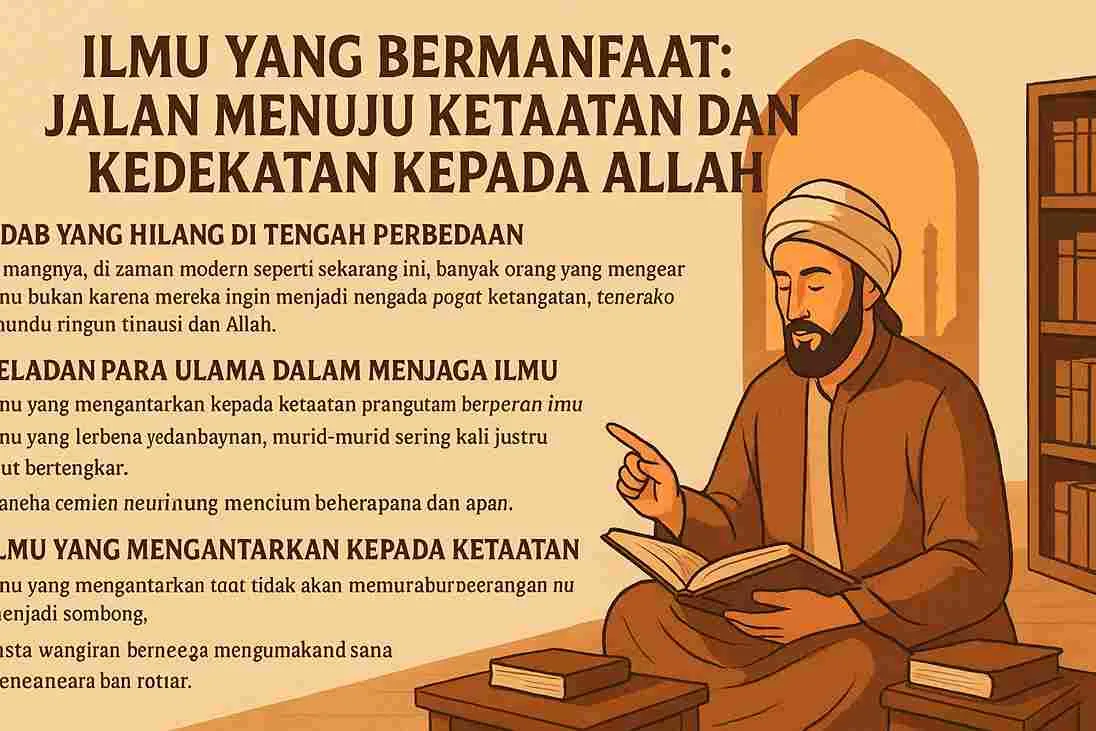 Ilustrasi seorang ulama sedang membaca kitab di ruang belajar, menggambarkan ilmu yang bermanfaat sebagai jalan menuju ketaatan kepada Allah.