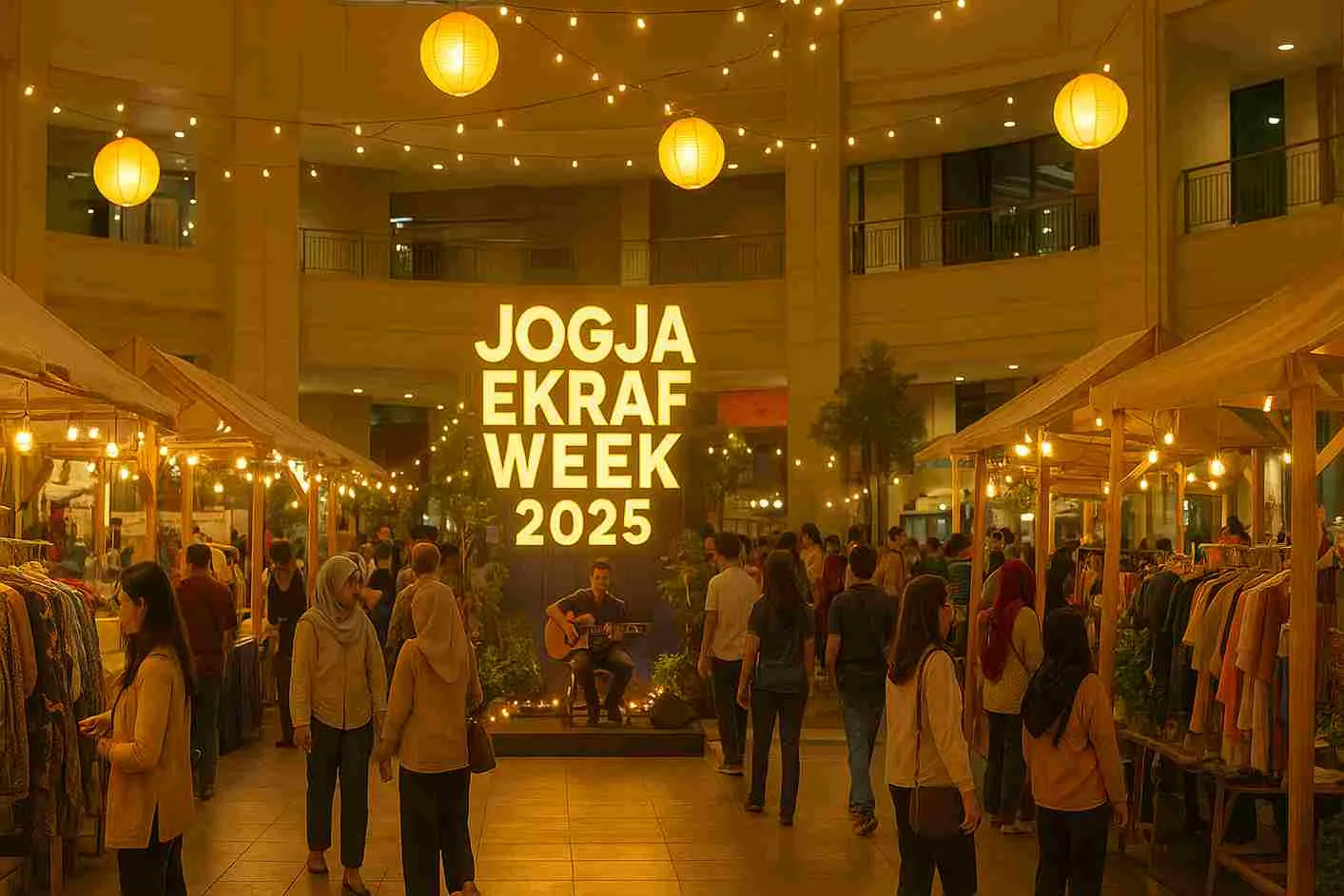 Suasana meriah Jogja Ekraf Week 2025 di Sleman City Hall Yogyakarta dengan stan UMKM kreatif dan pertunjukan seni.