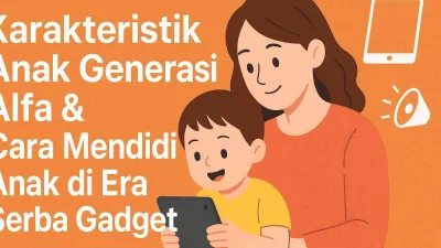 Ilustrasi ibu dan anak Generasi Alfa sedang belajar menggunakan tablet bersama dengan latar oranye bertuliskan “Karakteristik Anak Generasi Alfa & Cara Mendidik Anak di Era Serba Gadget.”