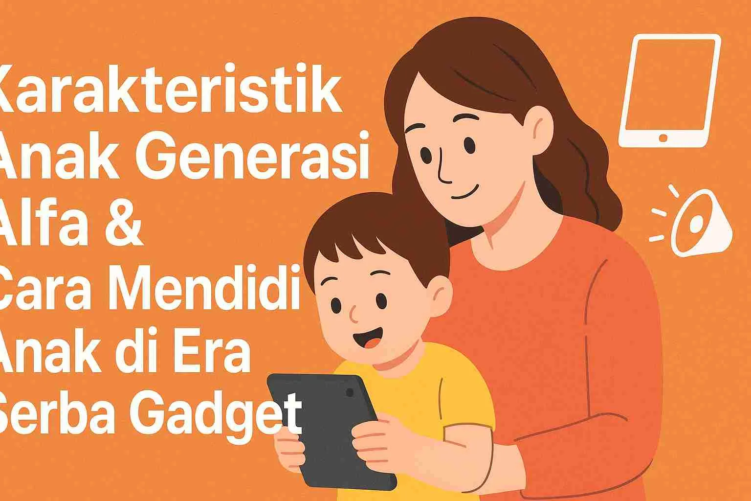 Ilustrasi ibu dan anak Generasi Alfa sedang belajar menggunakan tablet bersama dengan latar oranye bertuliskan “Karakteristik Anak Generasi Alfa & Cara Mendidik Anak di Era Serba Gadget.”