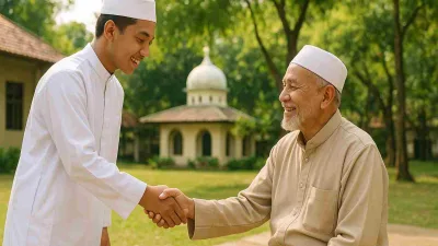 Santri berjubah putih sedang berjabat tangan dengan kiai di pesantren, menggambarkan nilai akhlak dan penghormatan di era digital.